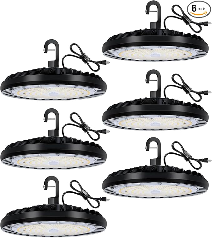 hykolity 6 Pack LED High Bay Light 200W UFO Light Fixture, 5000K, 26,000lm, IP65 Waterproof, 100-277V with US Plug, 600W MH/HPS Equivalent for Commercial Warehouse Wet Location