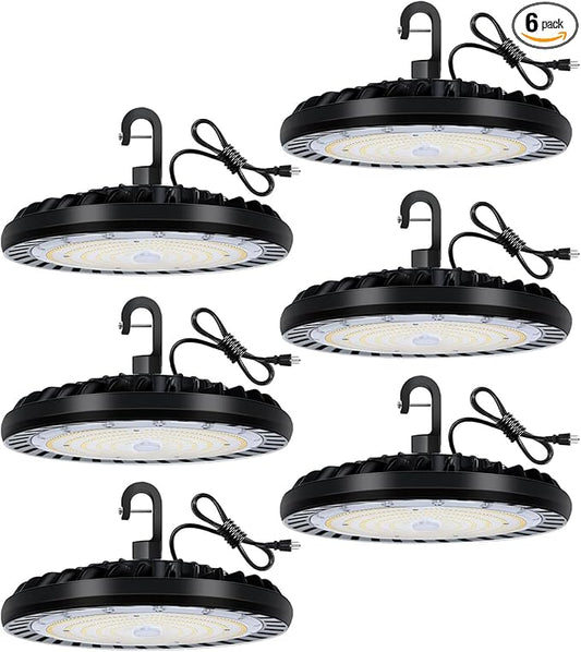 hykolity 6 Pack LED High Bay Light 150W UFO, 5000K Daylight White with US Plug, 450W MH/HPS Equivalent, 100-277V, 19,500lm, IP65 Waterproof Commercial Warehouse Area Light for Wet Location