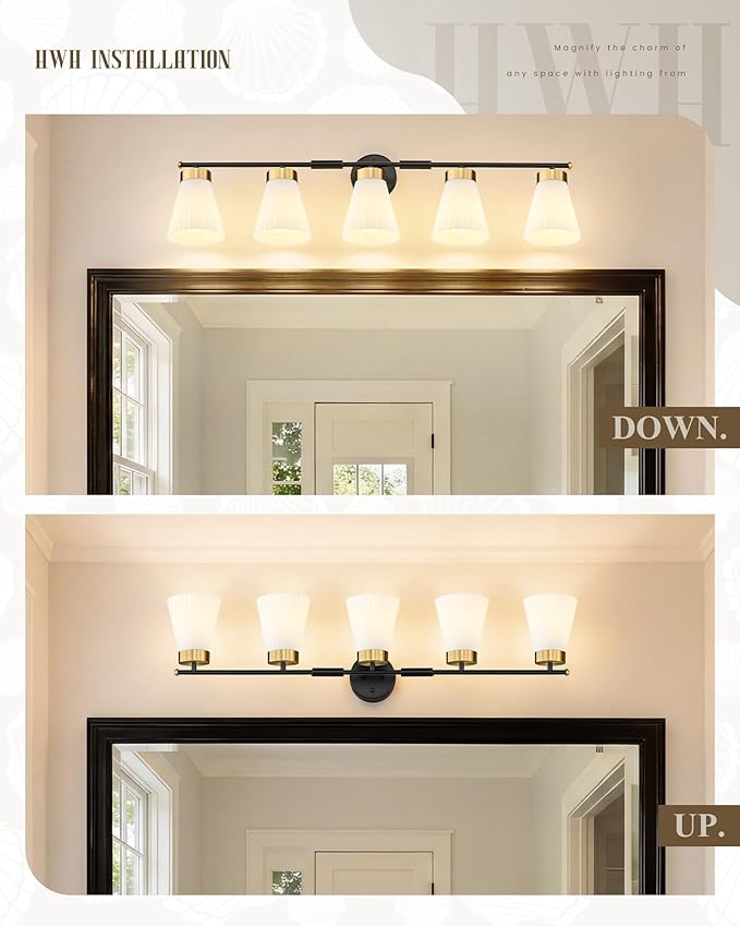Bathroom Wall Sconces, HWH 5-Light Wall Mount Lighting Fixtures for Mirror, Modern Vanity Lights with Frosted Milk White Striped Glass, Black and Gold Finish, 5HZG97B-5W BK+BG