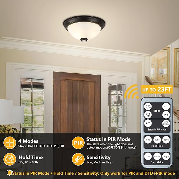 Motion Sensor Outdoor Ceiling Light with Remote, Dusk to Dawn Flush Mount Porch Light with 4 Modes, Close to Ceiling Light Fixture 2 LED Bulbs Included for Patio/Garage/Hallway
