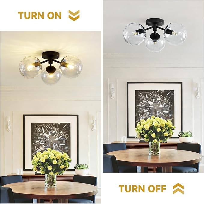 Black Globe Semi Flush Mount Ceiling Light Mid Century Modern Globes Hammered Clear Glass Ceiling Light Fixture Linear Sputnik Brushed Brass Chandelier for Bedroom Living Room Entryway Dining Room