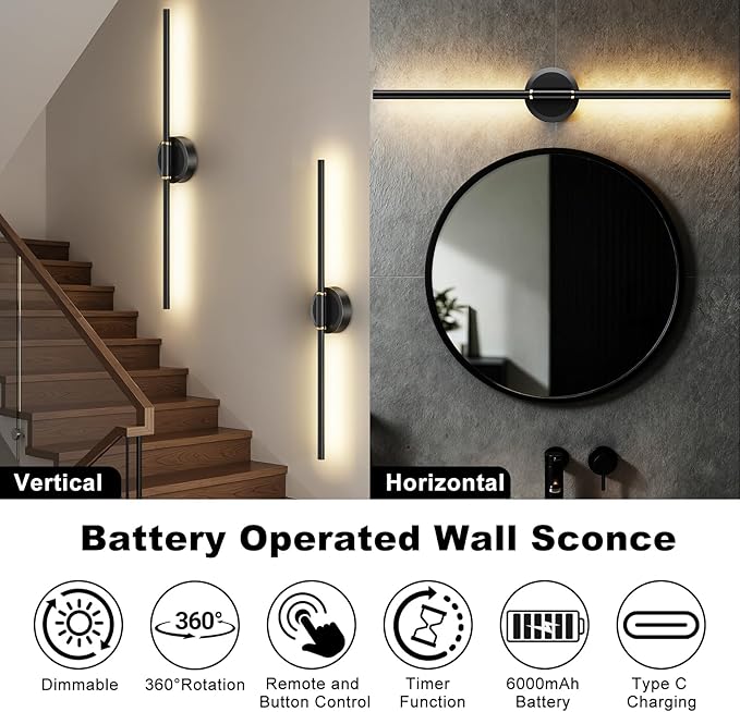Battery Operated Wall Sconces Set of 2, Dimmable 6000mAh Rechargeable Wall Lights, LED Wall Lamp with Remote Control