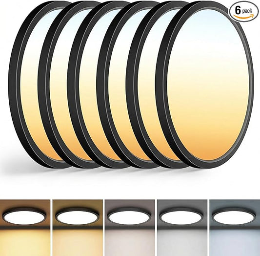 zemty 6Pack 13 inch Black LED Flush Mount Ceiling Lights, Dimmable 5 Color Temp (3000K-6500K), 24W 2400LM Bright Round Light Fixture for Kitchen Bathroom Bedroom Office