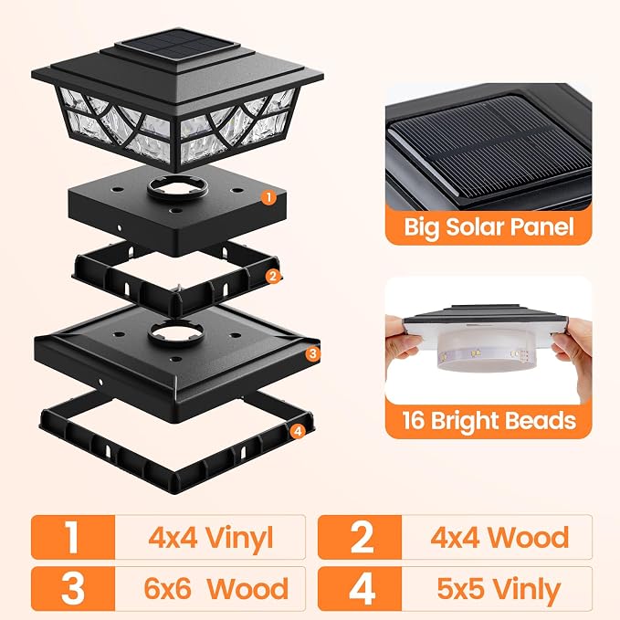 APONUO Solar Post Cap Lights 12 Pack for 4x4 5x5 6x6 Wood Vinyl Fences - IP64 Waterproof, Auto On/Off, Solar Powered Post Lights, Warm Cool White, Deck Patio Yard Decor, Black