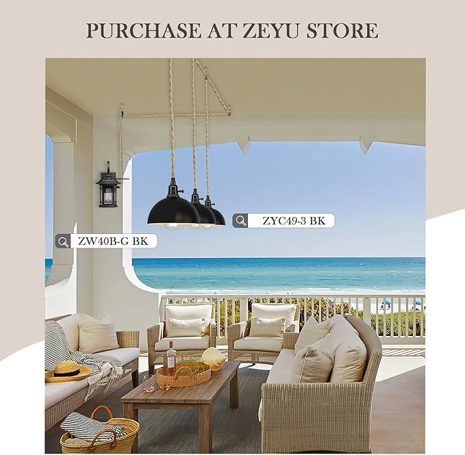 zeyu Triple Pendant Light with Plug in Cord - Industrial 3-Light Hanging Lamps with 29FT Twisted Hemp Rope Switch, Metal Dome Shade in Black Finish, ZYC49-3 BK