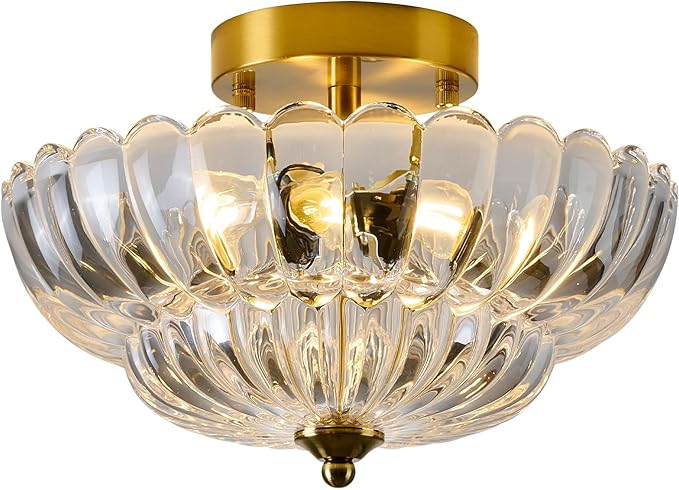 Gold Semi Flush Mount Ceiling Light, 12 Inch Vintage Crystal Light Fixture with 3-Light E26 Base, Modern Close to Ceiling Lamp for Bedroom Hallway Entryway Kitchen Foyer