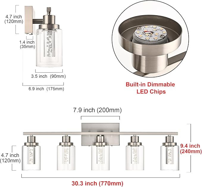 MELUCEE Bathroom Vanity Light Fixtures 5-Light Modern LED Vanity Lights for Bathroom Brushed Nickel with Crystal Bubble Clear Glass Shade, Dimmable Wall Light 3000K-6000K, Built-in LED Chips