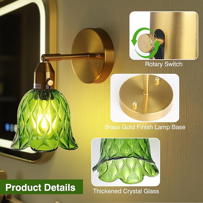 Vintage Wall Sconces Set of 2 - Hardwired Wall Lights with Green Tulip Glass Shade,Brass Wall Lamps for Bathroom Bedroom Stairway Bathroom Living Room Corridor(Bulbs Not Included,E26 Socket)