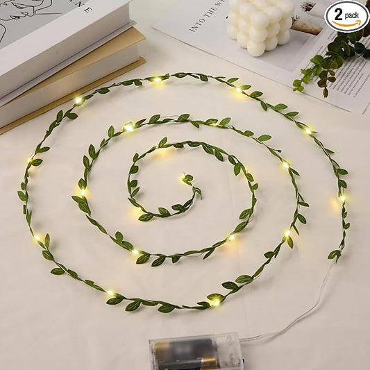 2pcs 6.5Ft Green Leaves String Lights 20 LED Fairy Lights Battery Operated Artificial Ivy Leaf Garland with Light for Indoor Home Wall Birthday Wedding Decor