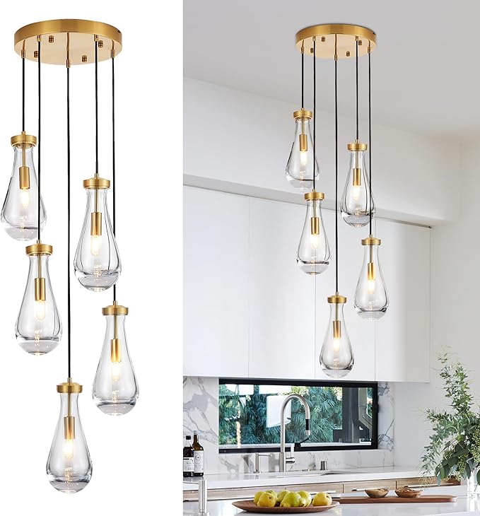 5-Light Raindrop Pendant Light Fixtures, Brass Glass Pendant Lighting, Teardrops Modern Hanging Light for Entryway Foyer Kitchen Island Dining Living Room Hallway