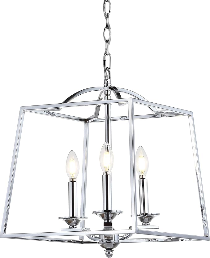 JONATHAN Y 14.5" Chrome 3-Light Metal Lantern Pendant Light, Adjustable LED Hanging Ceiling Fixture for Kitchen Island, Foyer, Entryway and Dining Room, ETL Listed JYL7410A