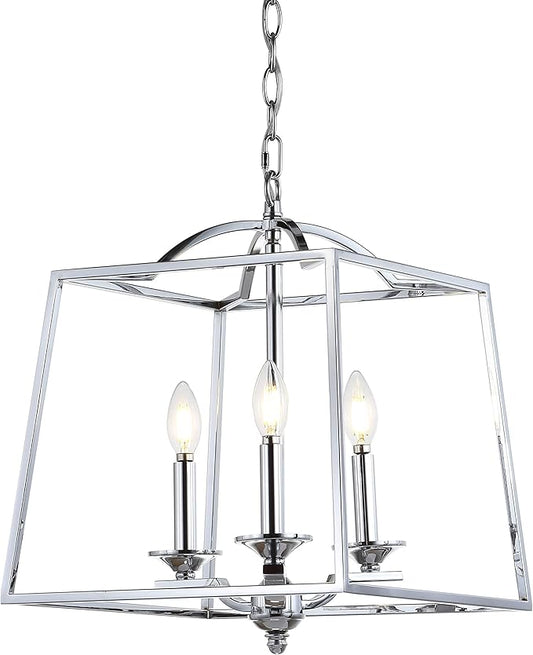 JONATHAN Y 14.5" Chrome 3-Light Metal Lantern Pendant Light, Adjustable LED Hanging Ceiling Fixture for Kitchen Island, Foyer, Entryway and Dining Room, ETL Listed JYL7410A