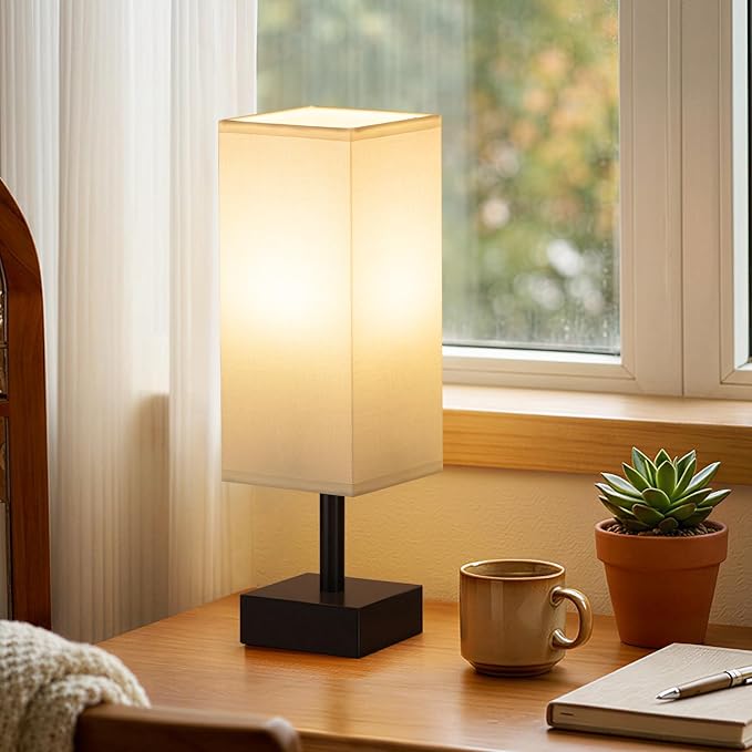 Bedside Lamp for Bedroom with White Shade, Small Lamp for Living Room,End Table, Button Switch(Bulb not Included)