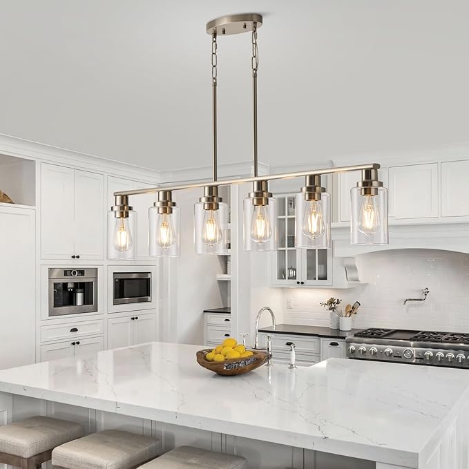 Dining Room Light Fixtures Over Table,6-Light Farmhouse Kitchen Island Lighting,44.3'' Linear Chandelier Pendant Lighting for Kitchen Island for Brushed Nickel Finish with Clear Glass Shade