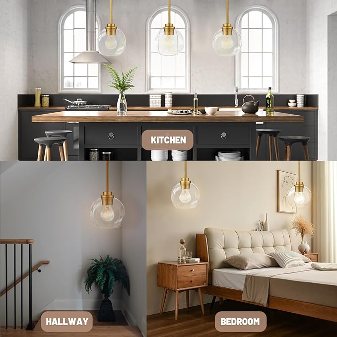 Gold Pendant Light – 7 Inch Clear Glass Farmhouse Hanging Fixture, Adjustable Height & Sloped Ceiling Compatible for Kitchen Island Dining Room Entryway Bedroom Hallway, 1 Pack
