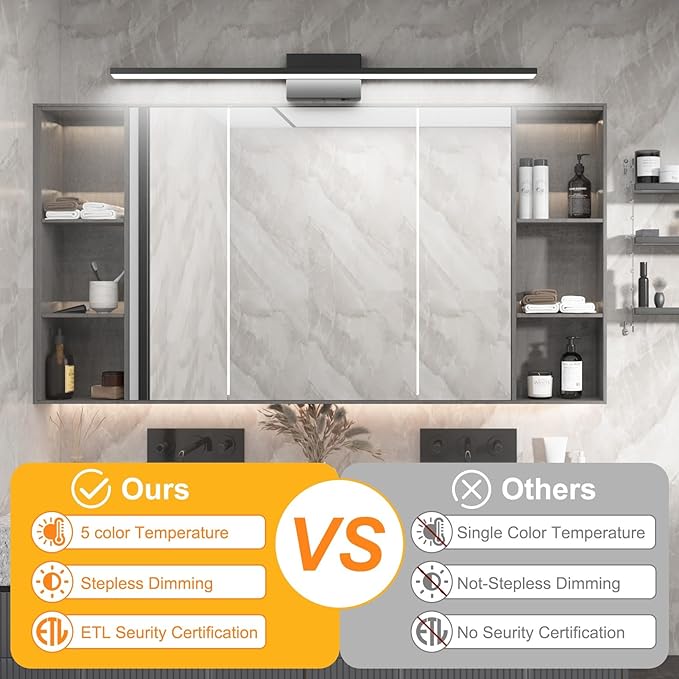 Ralbay 5 Color Temperature Dimmable Black Bathroom Vanity Light Bar 40inch Acrylic LED Modern Matte Black Bathroom Wall Lighting Fixtures Over Mirror