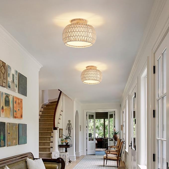 Boho Rattan Ceiling Light Fixture - 3 Style Options Wicker Semi Flush Mount Ceiling Lights,Beige Coastal Light Fixtures,Bohemian Woven Basket Chandelier for Hallway Bedroom Nursery Kitchen Laundry