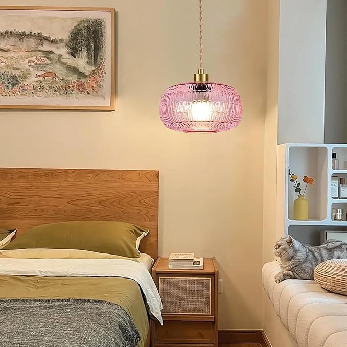 QIYIZM Pink Plug in Pendant Light Hanging Lights with Plug in Cord Boho Hanging Lamp Glass Gold Mid Century Modern Vintage Dimmable Flower Plug in Chandelier Ceiling Fixture for Living Room,Kitchen