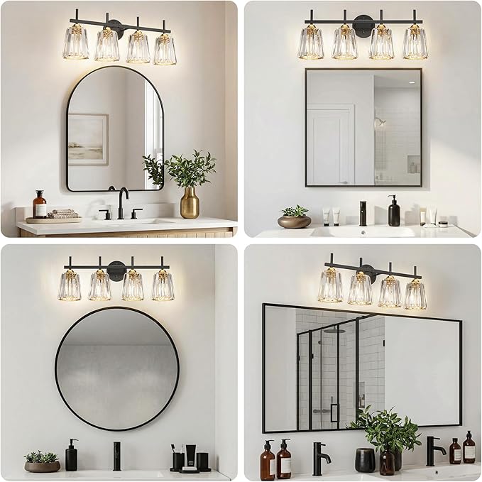 Crystal Bathroom Light Fixtures Over Mirror, Black Gold 4-Light Bathroom Vanity Lights Over Mirror Modern Wall Lighting Sconces with Ceramic E26 Base (Bulbs Not Include)