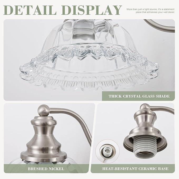 Brushed Nickel Bathroom Light Fixtures Over Mirror, 2 Light Vintage Bathroom Vanity Light Fixture with Clear Flower Glass Shades, Retro Vanity Lights for Bathroom, Bathroom Vanity Lights Over Mirror