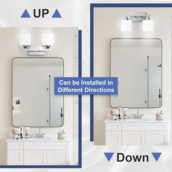 Bathroom Lighting Fixtures Over Mirror Brushed Nickel, Anti-Rust 2-Light Bathroom Vanity Lights, Modern 18Inches Wall Sconces E26 Base, Milky White Glass Shades, Bulbs Not Included