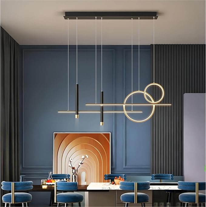 6 Lights LED Island Light, 39.4 Inch Creative Island Light with Remote Control & Infinitely Dimmable Hanging Light, Geometric Linear Pendant Light for Dining Room, Black