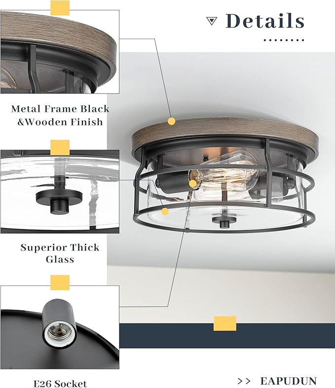 EAPUDUN 2-Light Flush Mount Ceiling Light Fixture, 12inch Farmhouse Vintage Close to Ceiling Lights with Clear Glass for Kitchen Bedroom Foyer Hallway Stairway Entryway, FMA1414-FBDT