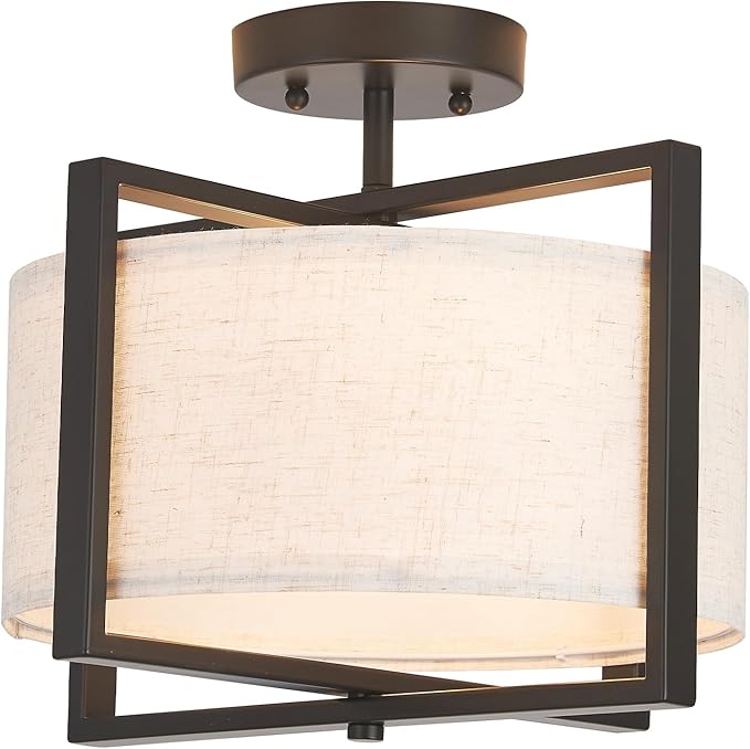 Fabric Ceiling Light Fixture 2 Lights Boho Flush Mount Ceiling Lights Hand-Woven Rattan Drum Chandelier Farmhouse Light Fixture for Bedroom Entryway Hallway
