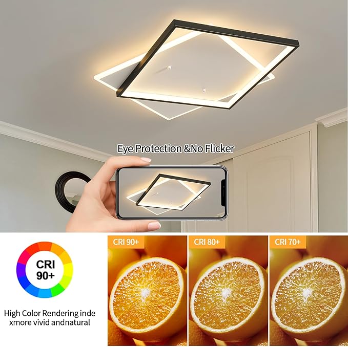 Black Modern LED Bedroom Ceiling Light Dimmable Flush Mount Ceiling Light Fixture 22" Square Ceiling Lamp with Remote Control Kitchen Lighting Fixture Ceiling,Suitable for Bedroom,Hallways