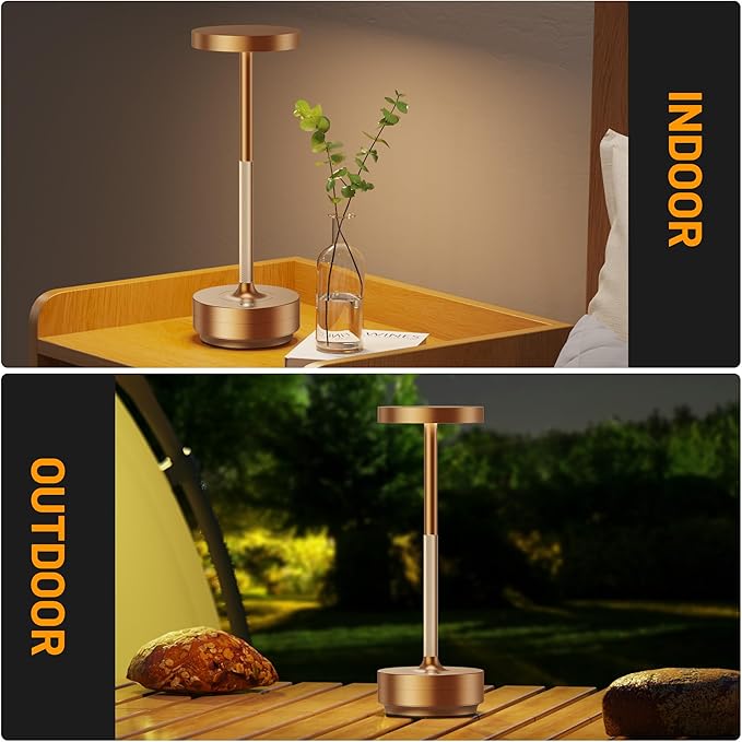 SAKRINGT 2 Pack Rechargeable Cordless Table Lamp - Battery Operated LED Portable Table Light with 3 Color Stepless Dimming, Memory Function - IP54 Waterproof for Outdoor, Restaurant, Patio, Camping