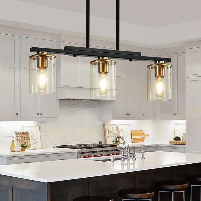 3-Light Kitchen Island Lighting,Dining Room Lights Modern Farmhouse Chandelier with Clear Glass Shade,Modern Rustic Black and Gold Metal Chandelier, Kitchen Pendant Light Fixtures Over Table