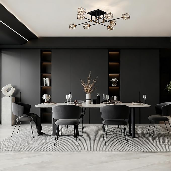 Modern Crystal Ceiling Light Fixture 13-Lights Black and Gold Semi Flush Mount Ceiling Light Farmhouse Chandeliers for Dining Room Kitchen Island Living Room Bedroom