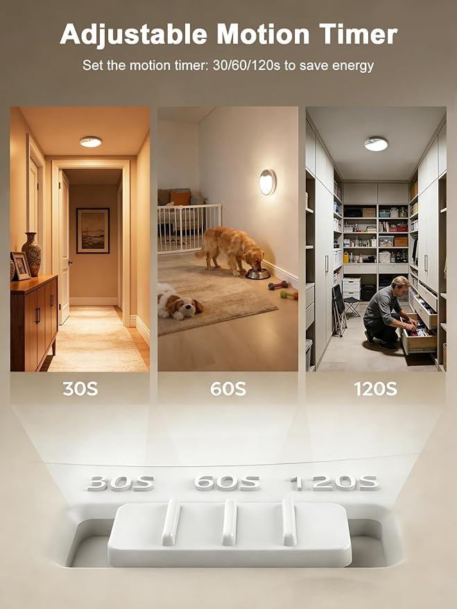 TANBABY Rechargeable Motion Sensor Ceiling Light Indoor with Remote, 3-Color Wireless Battery Operated Lights, 7'' Slim Ceiling Light Adjustable Motion Timer 30s/60s/120s for Closet Shower Hallway