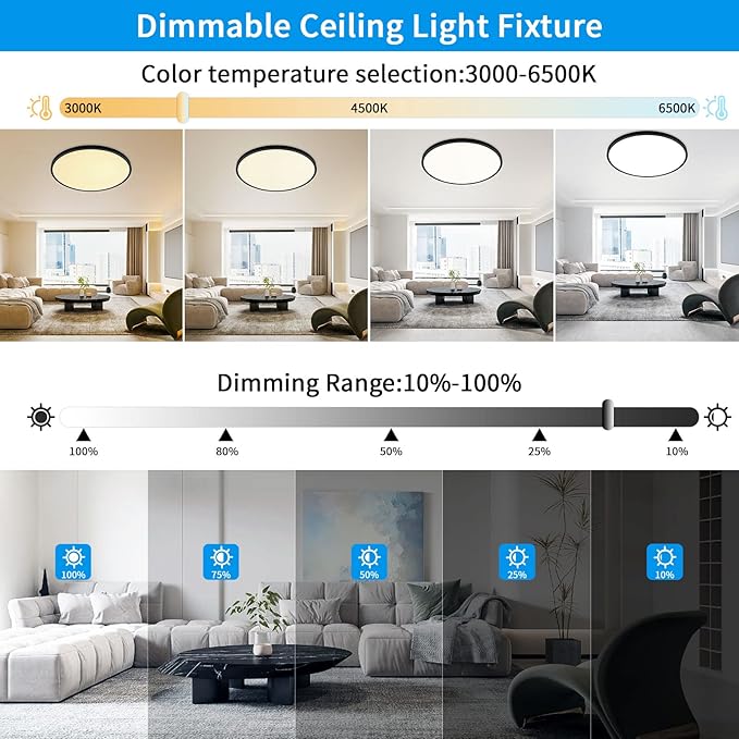 20 Inch LED Flush Mount Ceiling Light Fixture - 48W Dimmable Ceiling Light with Remote, 4800lm, 3000/4500/6000K Adjustable LED Kitchen Ceiling Lamp for Bedroom, Black