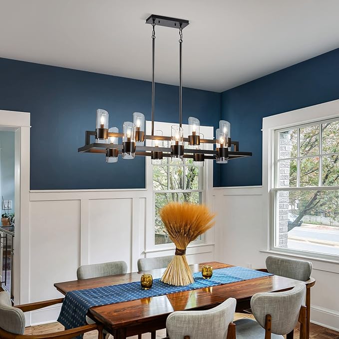 WUZUPS Island Rectangle Chandelier 10-Light with Clear Glass Industrial Modern Farmhouse Linear Light Fixture for Dining Room Kithen Island, Width 42.5" Height 10.4", Black