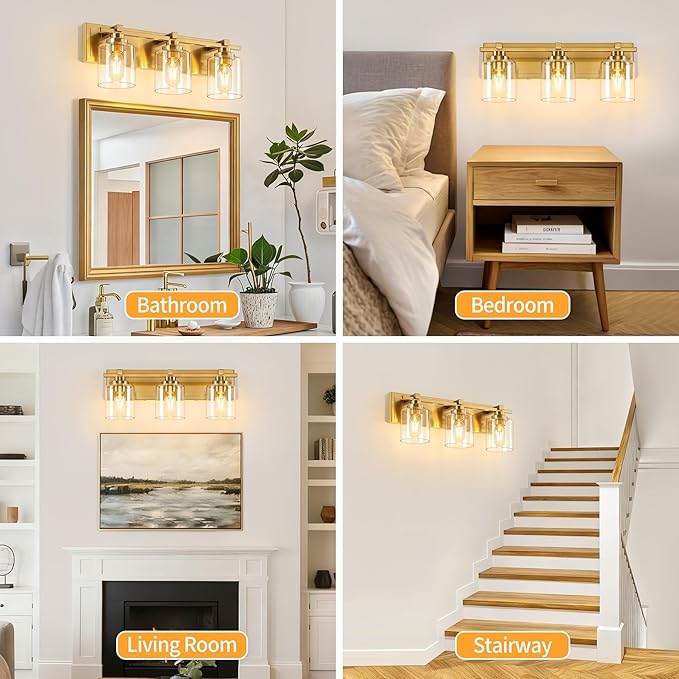 3 Light Modern Bathroom Light Fixtures Over Mirror, Brass Finish Vanity Lights for Bathroom Wall Sconces with Clear Glass Shades, E26 Socket (Bulbs Not Included)