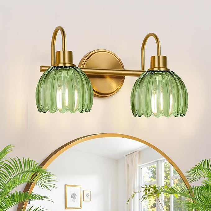 2-Light Bathroom Vanity Light, Brushed Gold Vanity Wall Light Over Mirror with Ribbed Green Tulip Glass Shade, Bathroom Light Fixtures for Bedroom, Living Room, Hallway