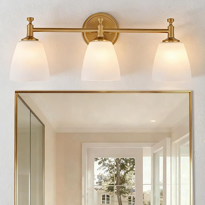Vintage Bathroom Vanity Light Fixture, 3-Light Bathroom Lighting Fixtures Over Mirror, Antique Brass Finish with Frosted Milk Glass Shade, Wall Sconces Lighting for Bedroom, Living Room, Hallway, Sink