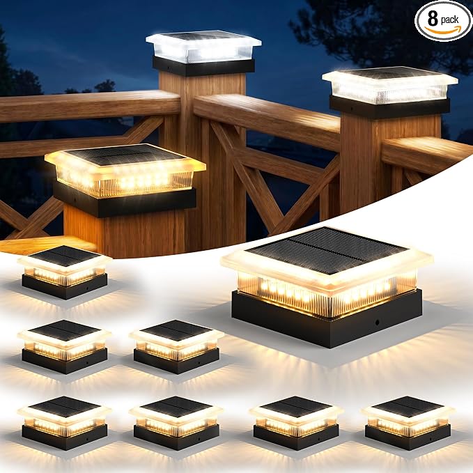4x4 96 LED Post Solar Lights 8 Pack, 4 Lighting Modes Solar Post Cap Lights for 4x4 3.5x3.5 Wood/Vinyl Posts, Ip67 Waterproof Fence Deck Post Lights Solar Powered for Patio Porch, Black