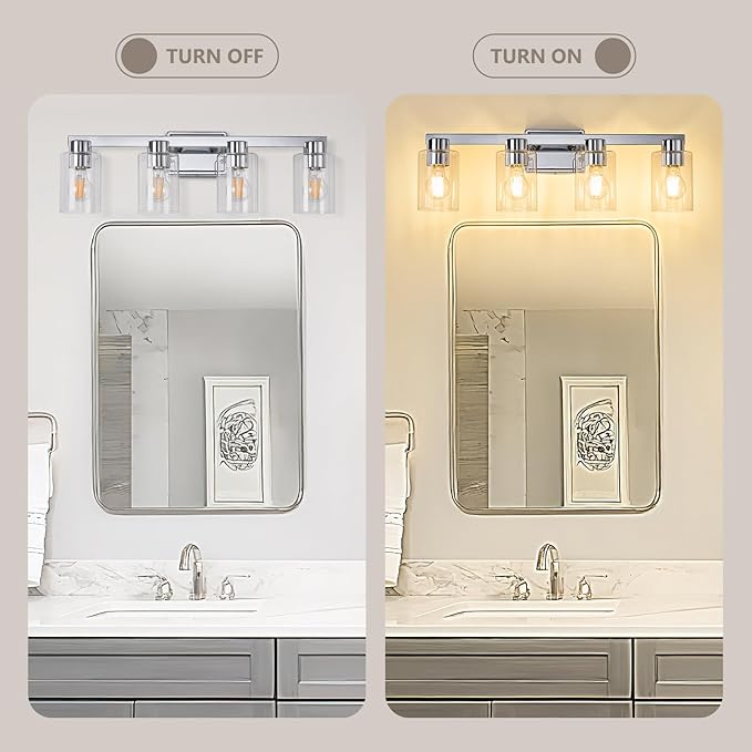 4-Light Bathroom Light Fixtures Modern Chrome Vanity Lights with Clear Glass Shade 26 Inch Wall Sconces Over Mirror for Bathroom,Powder Room, Living Room