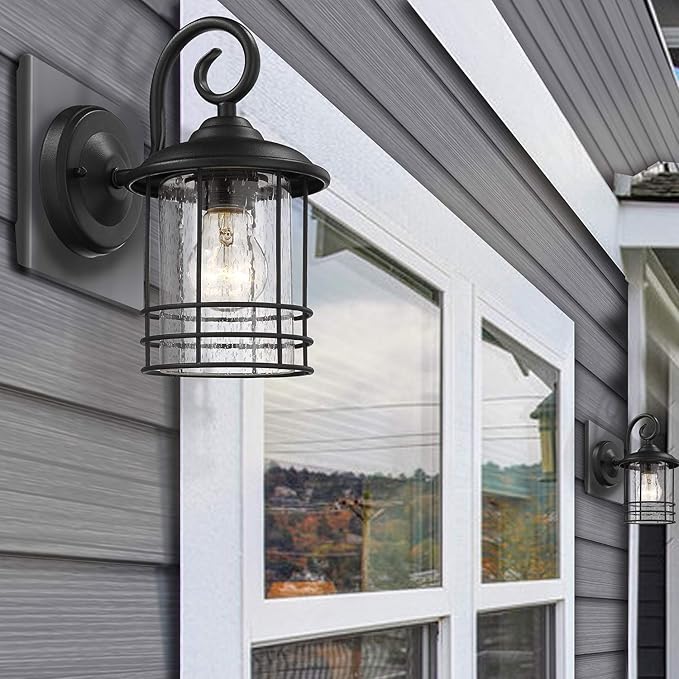 MICSIU 2-Pack 5.5" Wide Compact Outdoor Wall Light, 10" Anti-Rust Textured Black Exterior Lantern for Garage Pillar & Side Door, Narrow Porch Light with Seedy Glass, ETL Listed