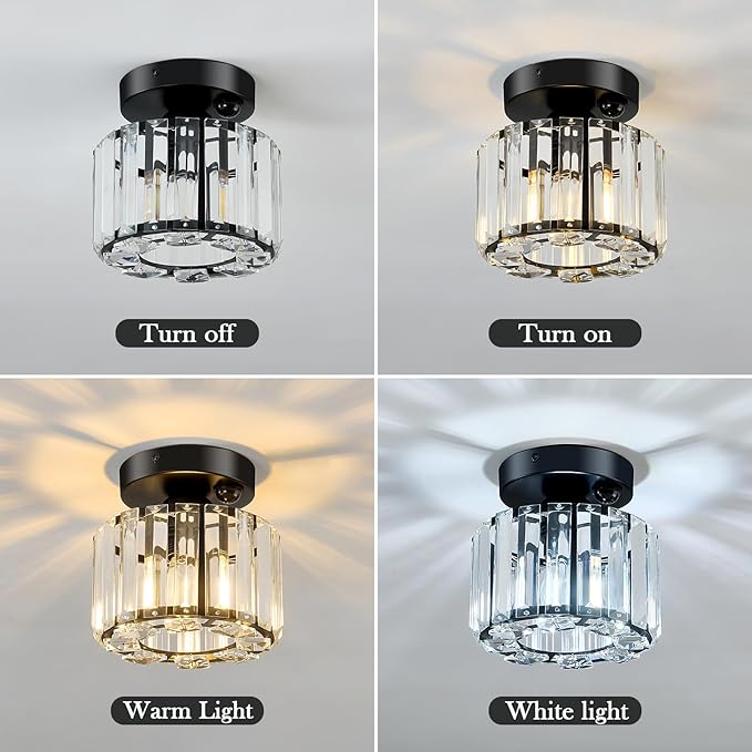 Indoor Motion Sensor Ceiling Light Fixture Modern Small Crystal Semi Flush Mount Ceiling Light Black Mini Round Chandelier for Hallway Closet Entryway Bathroom Kitchen