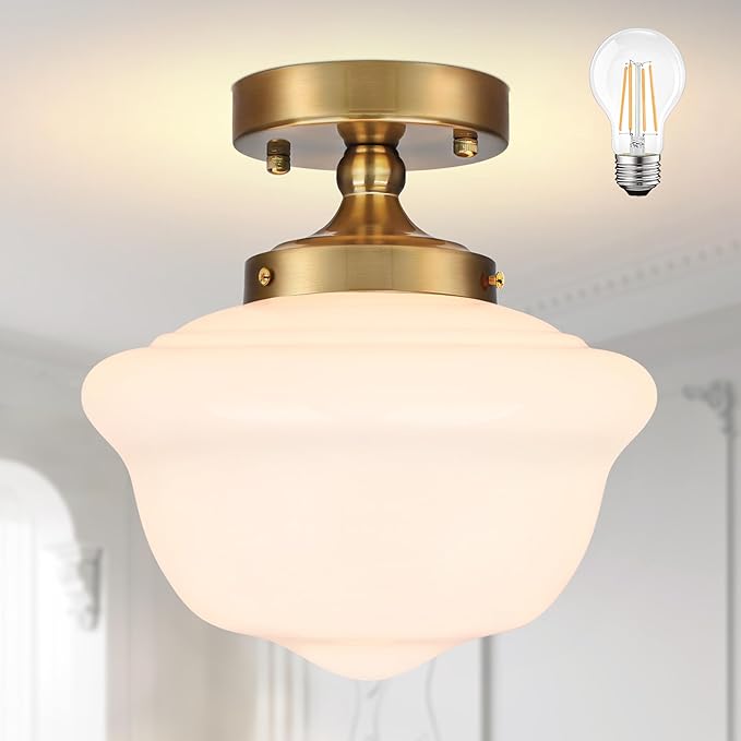 Bagood 10" Mid Century Light Fixture Gold Schoolhouse Lights Fixture Schoolhouse Light Fixtures Ceiling Milk Glass Lights Fixtures Semi Flush Mount Ceiling for Bathroom Kitchen (Bulb Incl.)