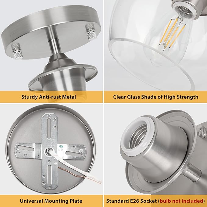 Modern Semi Flush Mount Ceiling Light with Clear Glass Shade, Industrial Close to Ceiling, Nickel Hanging Ceiling Light Fixture for Hallway, Bedroom, Dining Room, Entryway, Foyer