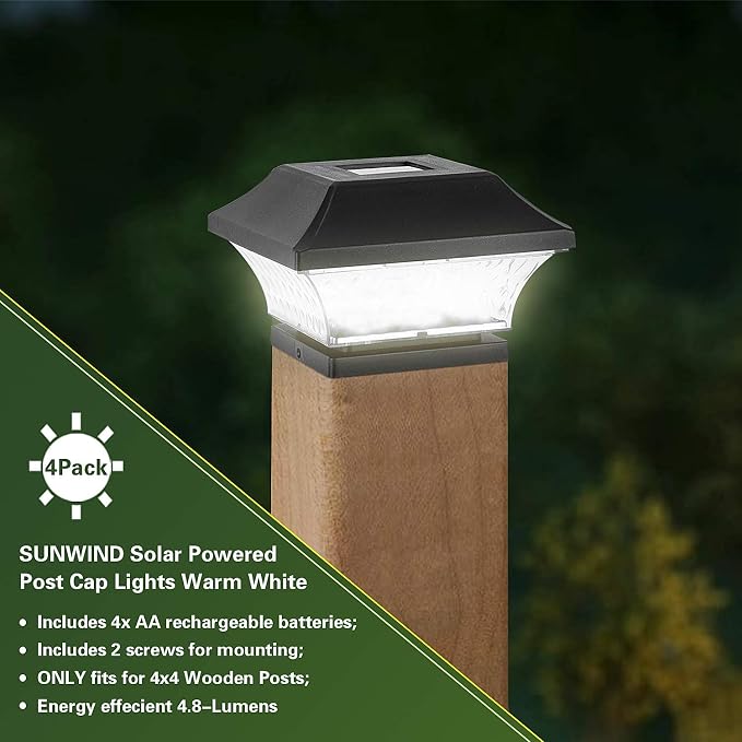 SUNWIND Solar Post Cap Lights Outdoor - 4 Pack LED Fence Lights for 4X4 & 5X5 Wooden Posts Warm White Waterproof for Deck, Patio or Garden Decoration (Black)
