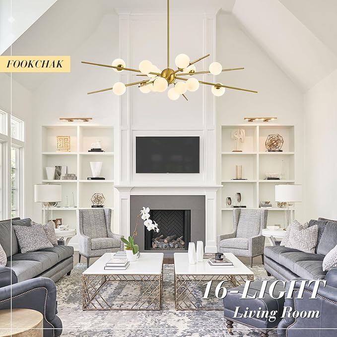 Large Gold Sputnik Chandelier 51in 16-Light Frosted Glass Chandelier Light Fixture Mid-Century Modern Molecular Chandeliers for Large Living Room Dining Room Foyer Kitchen Bedroom