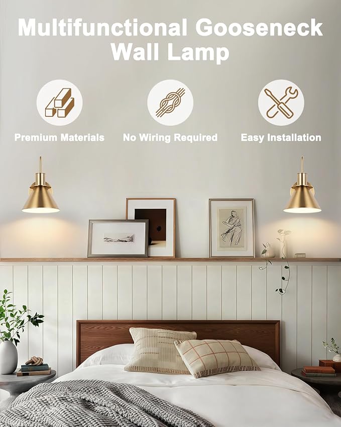 WILON Gold Wall Sconces Set of Two Indoor Wall Lights with E26 Base Industrial Gooseneck Barn Wall Lamp Modern Brass Wall Sconce Light for Bedroom Living Room Kitchen Sink Bedside Bathroom