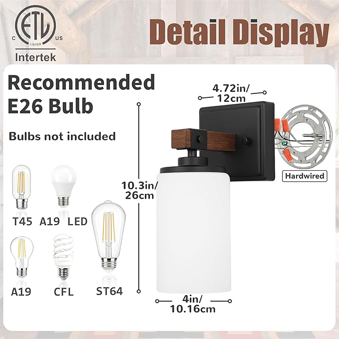 Wall Sconces Set of 2, 1 Light Farmhouse Rustic Vanity Light for Bathroom, Wood Grain Rustic Wall Lights Fixtures with White Shade for Mirror, Bedroom, Living Room, E26, Hardwired(Bulbs Not Included)