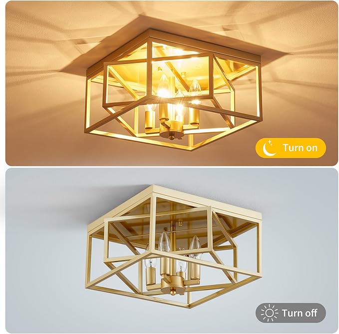 Square Ceiling Light, 4-Light Flushmount Modern Close to Ceiling Light Fixture for Living Room, Bedroom, Dining Room, L13 x W13 x H7 inch, Gold Finish Frame