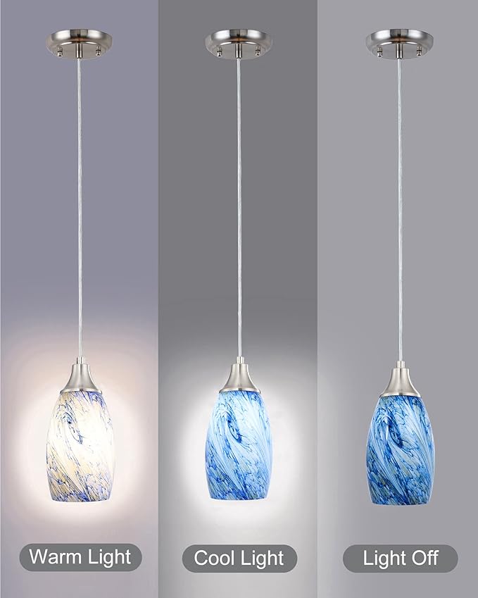 karyfine Mini Pendant Lights Kitchen Island White Blue Glass Lamp Shade Hand Blown Glass Pendant Light with Brush Nickel Finish Adjustable Cord for Kitchen Over Sink Hallway,Dining Room,Stairs Way
